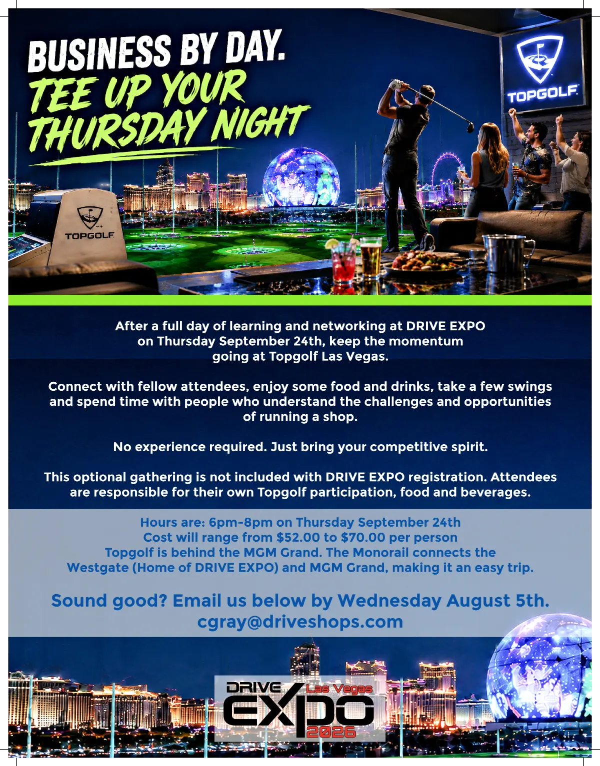 DRIVE EXPO 2026 Thursday night Topgolf networking event in Las Vegas.